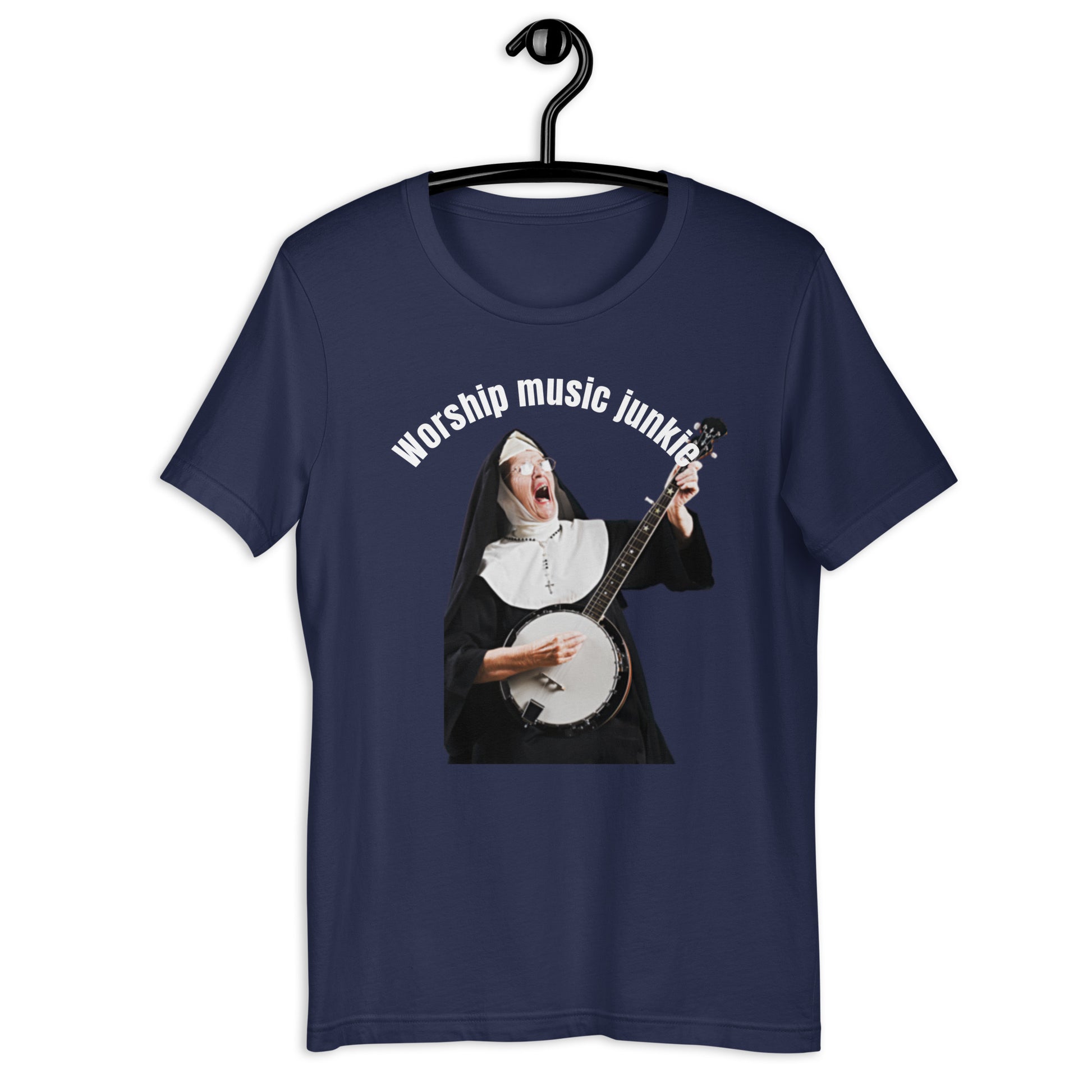 Worship Music Junkie Unisex T-Shirt by Cool Jesus Apparel in navy