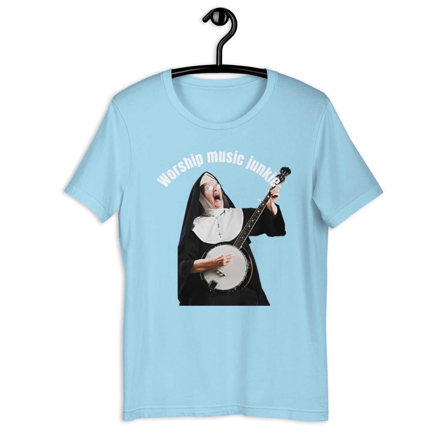 Worship Music Junkie Unisex T-Shirt by Cool Jesus Apparel in blue