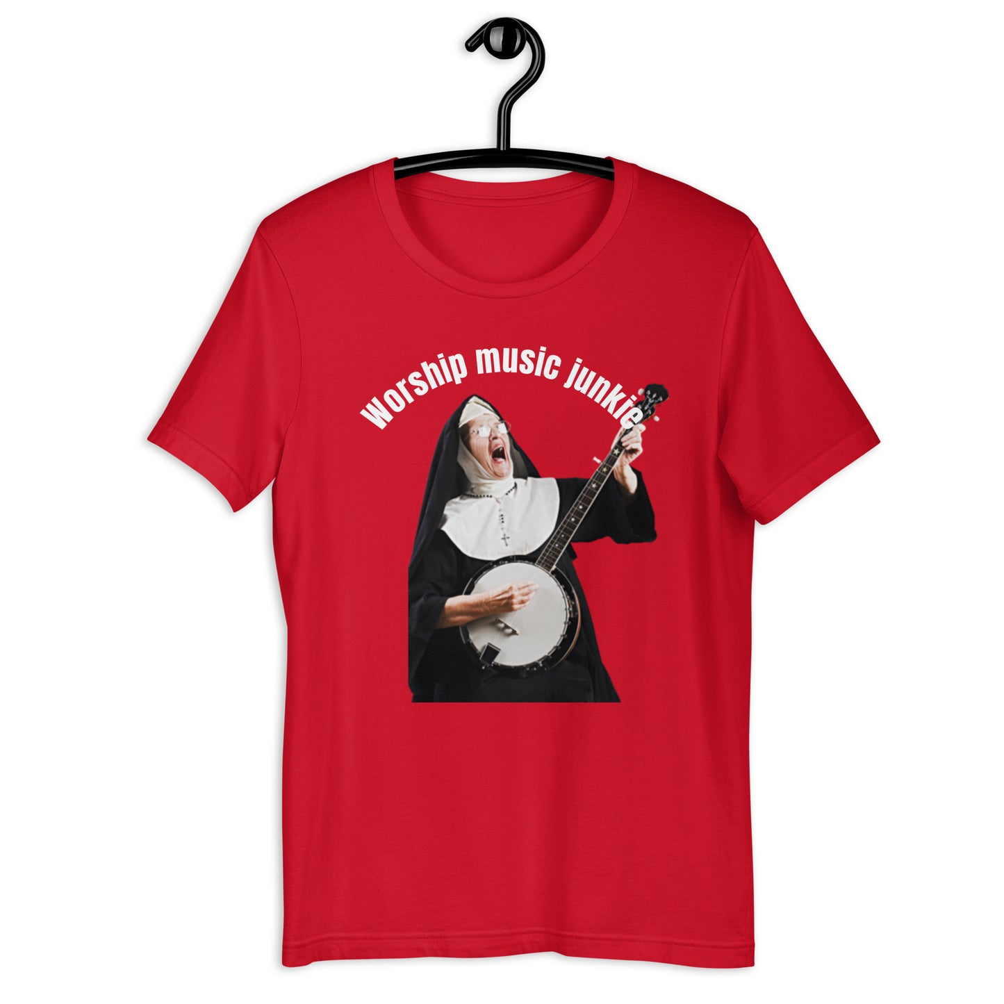 Worship Music Junkie Unisex T-Shirt by Cool Jesus Apparel in red